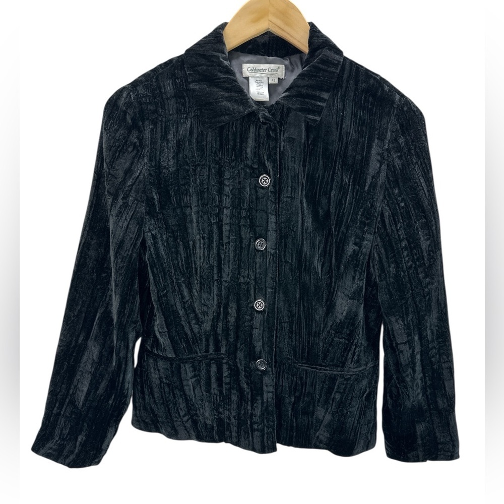 Coldwater Creek Black Crushed Velvet Button Front Jacket Blazer Luxe Textured PS